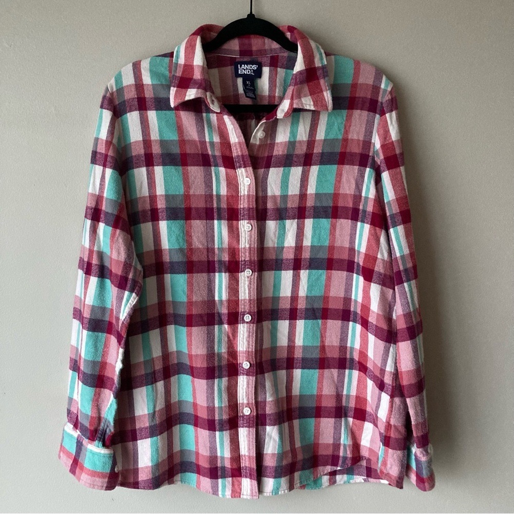 Lands End Womens XL Pink Teal Plaid Flannel Button Down Shirt 100% Cotton